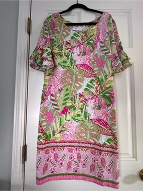 Papagallo Size Large Tropical Print Shift Dress in Pink & Green